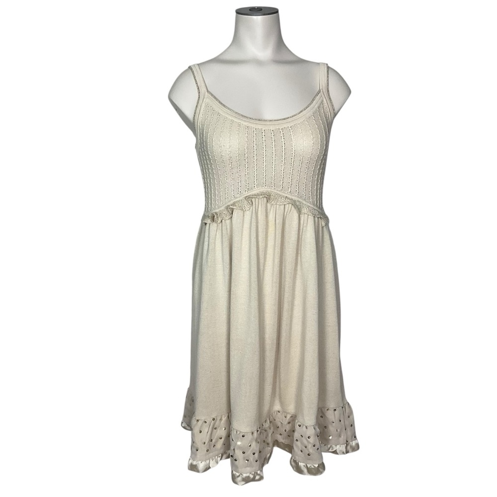 vtg MOMA sz X Small Knit Sweater Dress Adjustable Straps Metallic Cream Gold